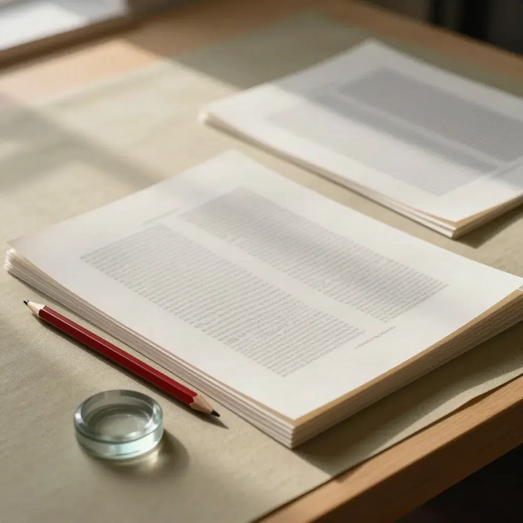 Korrekturfahnen mit rotem Stift und Lesestein auf khakifarbenem Tisch im warmen Seitenlicht.