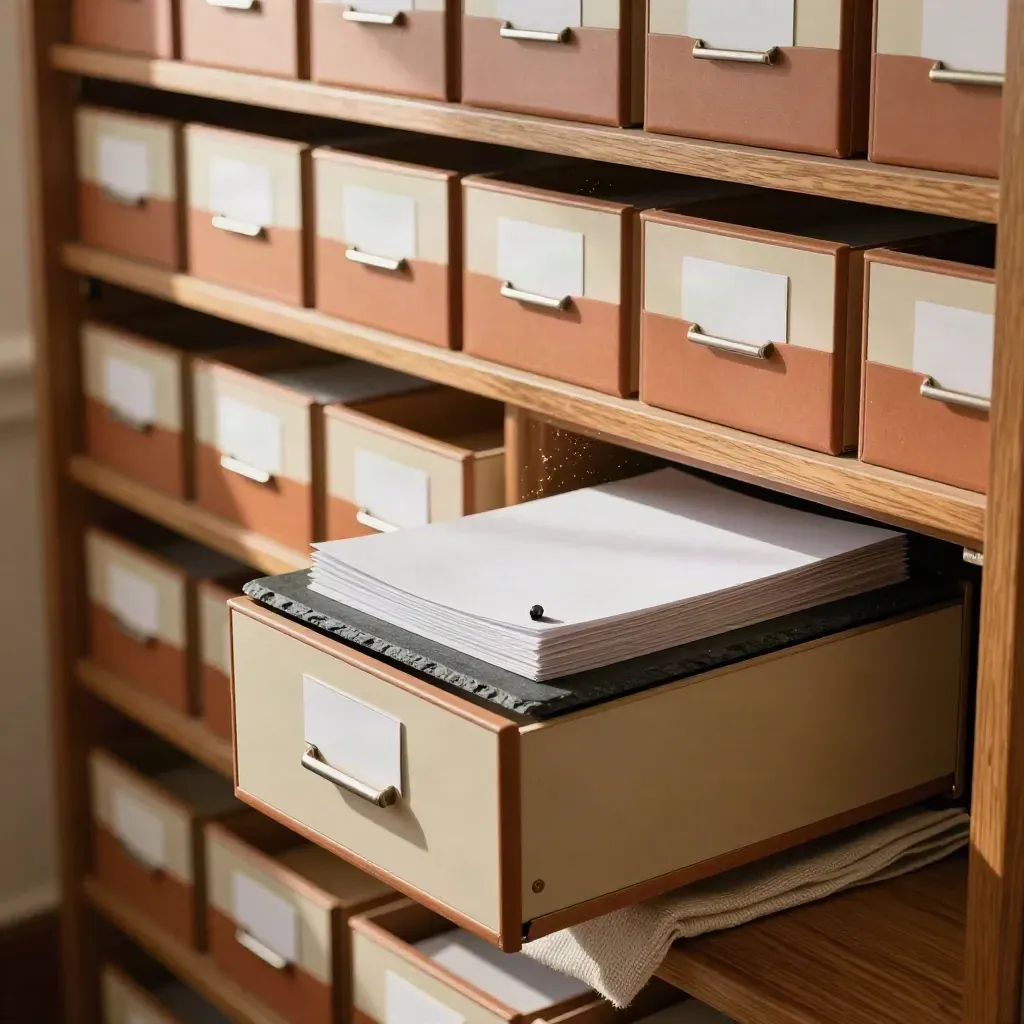 Archivboxen, Registerlaschen und ein schweres Papiergewicht auf einem warmen Holzregal.